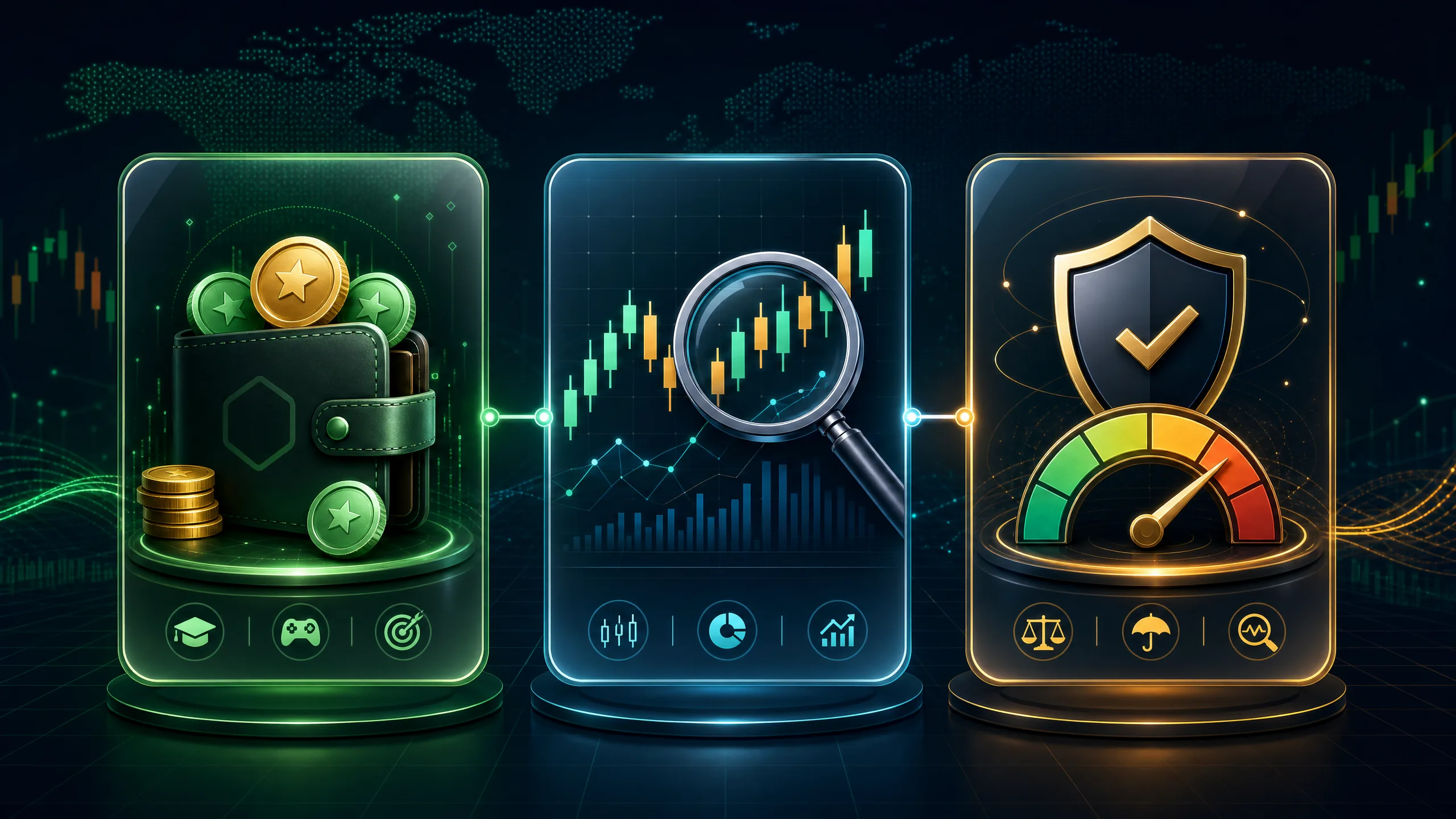 Infographic style visual showing demo practice, analysis and risk control